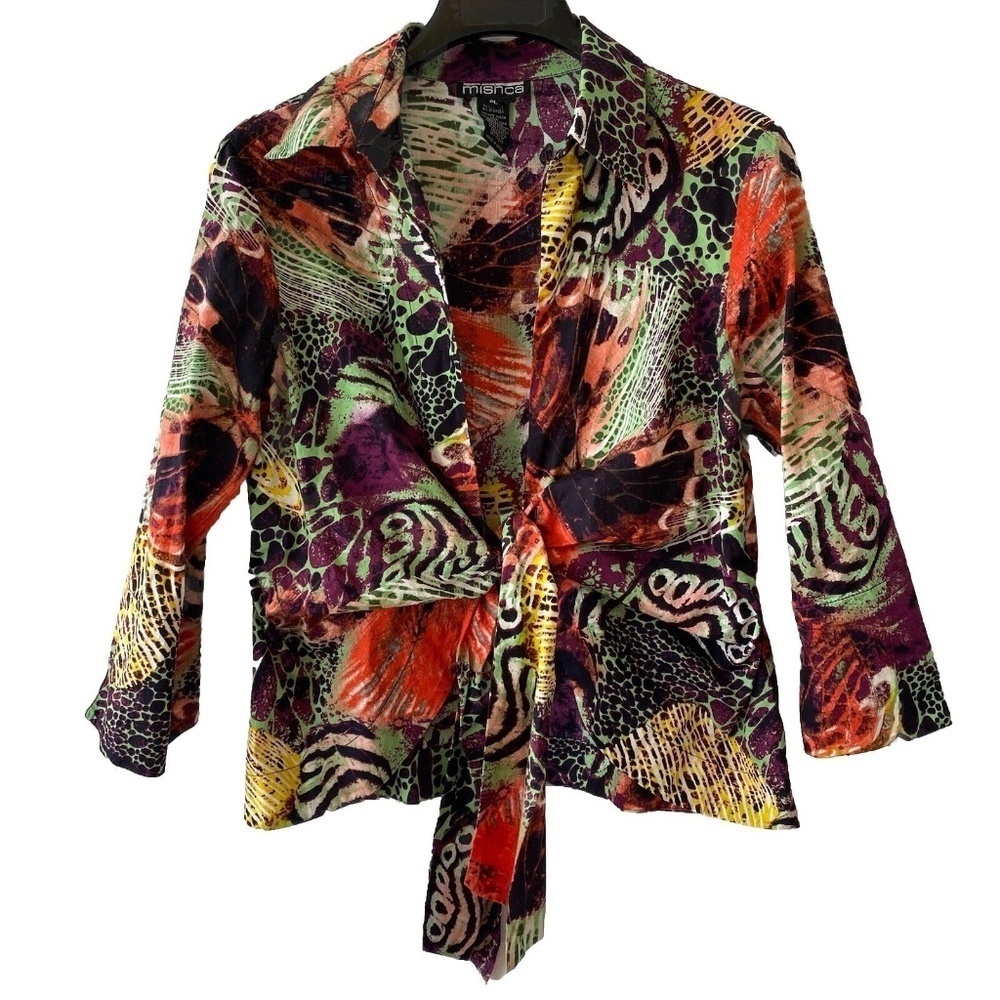 Mishca Wrap blouse Womens Petite L Colorful Abstract Tie Front Top Peplum